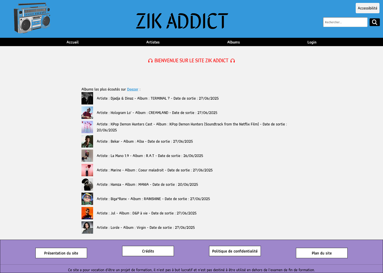 Screen du site ZikAddict